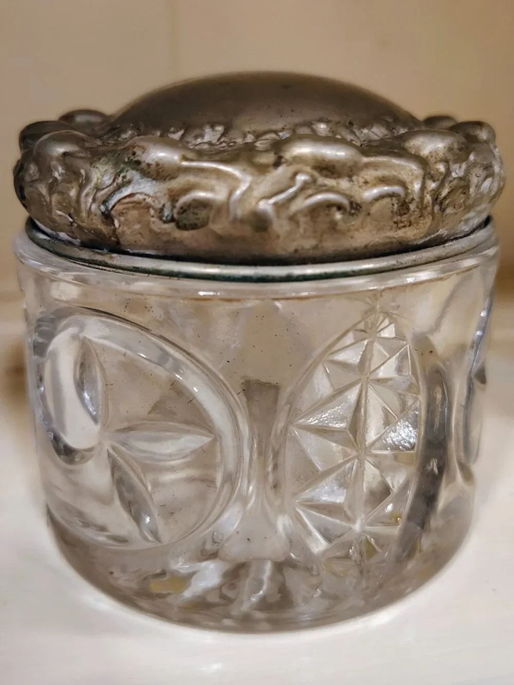 Antique 1880-1890 Ornate Cut Glass Jar With Silver Lid